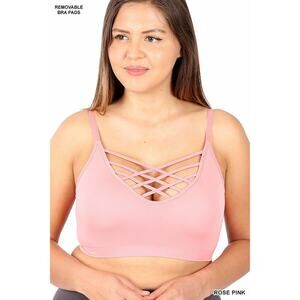 1X/2X Rose Pink Front V Lattice Bralette + bra padding adjustable straps Zenana
